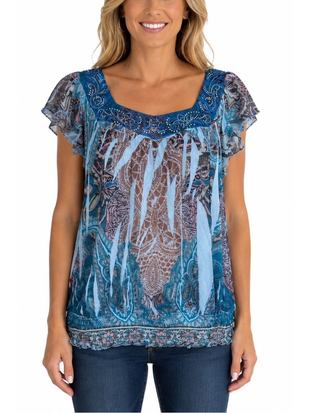 One World Beautiful lightweight printed Blue blouse